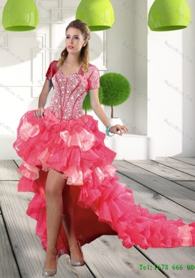 Most Popular Coral Red High-low Prom Dresses with Beading and Ruffled Layers