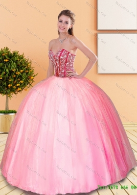2015 Plus Size Beading Sweetheart Ball Gown Quinceanera Dresses in Rose Pink