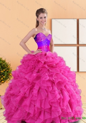 Luxurious 2015 Beading and Ruffles Sweetheart Quinceanera Dresses in Hot Pink