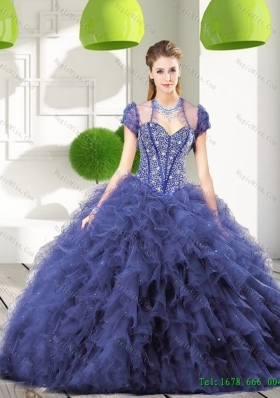 Vestidos de Navy Blue Quinceanera Gown with Beading and Ruffles for 2015