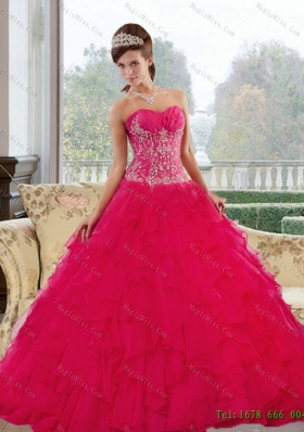 Romantic Sweetheart 2015 Red Quinceanera Gown with Appliques and Ruffles