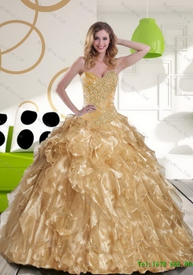 Inexpensive Beading and Ruffles Sweetheart 2015 Champagne Quinceanera Gown