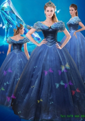 2015 Summer Beautiful Ball Gown Hand Made Flowers Cinderella Quinceanera Dress in Blue