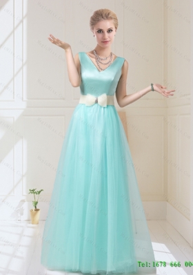 Delicate V Neck Floor Length Bridesmaid Dresses with Bowknot for 2015