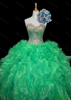 In Stock Turquoise Ball Gown Quinceanera Dresses with Sequins and Ruffles for Winter