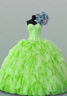2015 In Stock Sweetheart Yellow Green Beading Quinceanera Dresses with Ruffles