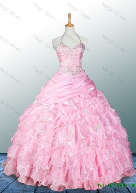 Pretty Halter Top Pink Custom Make Quinceanera Dresses with Appliques