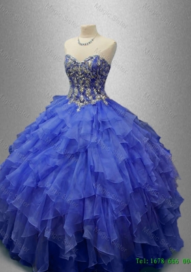 2016 New arrival Classical Beaded Blue Quinceanera Gowns with Ruffles
