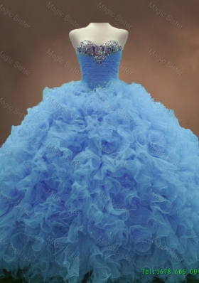 2016 Popular Elegant Sweetheart Ruffles and Beaded Quinceanera Gowns in Blue