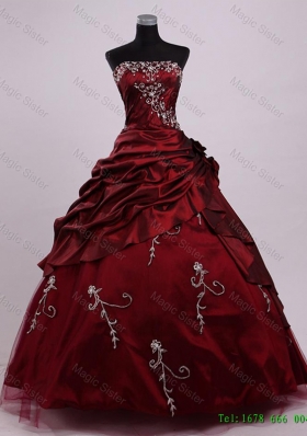 2016 Elegant Strapless Ball Gown Wine Red Sweet 16 Dresses with Appliques