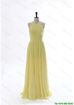 2016 Scoop Chiffon Yellow Prom Dresses with Sweep Brain