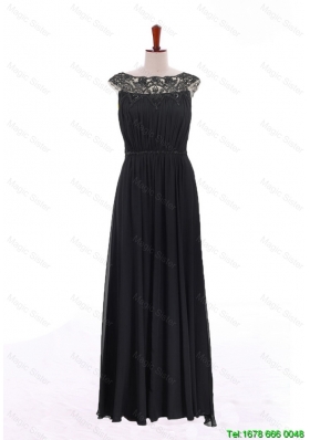 Vintage Bateau Lace Long Prom Dresses in Black