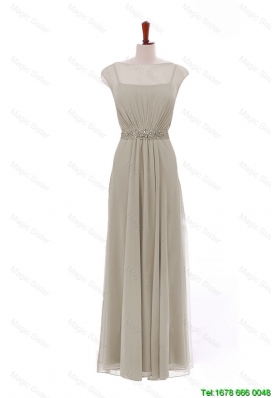 Unique Simple Bateau Grey Long Prom Dresses with Beading and Sashes