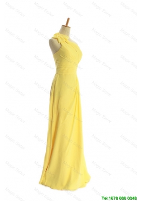 New Style Classical One Shoulder Long Yellow Prom Dresses with Bowknot