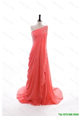 2016 Fall Empire  New Arrivals One Shoulder Brush Train Prom Dresses in Watermelon