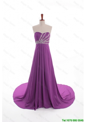 Elegant Discount Fashionable Beaded Court Train Prom Dresses in Eggplant Purple