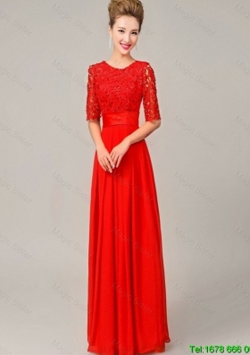 Fashionable Lovely Scoop Laced Red Prom Dresses with Half Sleeves