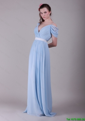 New Style Beautiful Exclusive Spaghetti Straps Light Blue Prom Dresses with Ruching and Belt