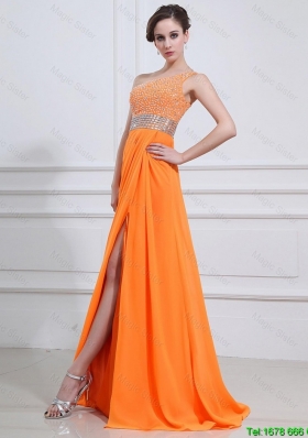 Exquisite Beading and High Slit Orange Prom Dresses with Brush Train