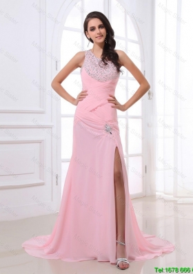 Cheap New Arrivals Hot Sale Column Brush Train Prom Dresses with High Slit and Beading
