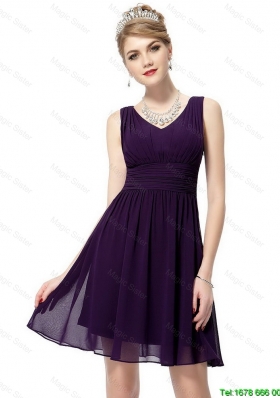New Style V Neck Dark Purple Prom Dresses with Ruching