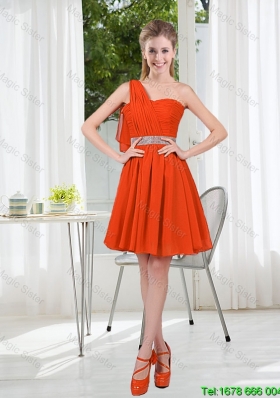 Rust Red One Shoulder Bridesmaid Dresses with Beading and Belt