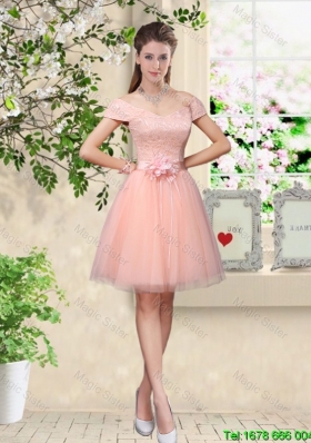 Discount Off the Shoulder Hand Made Flowers Bridesmaid Dresses in Baby Pink