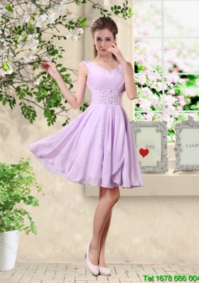 Popular V Neck Lavender Bridesmaid Dresses with Beading