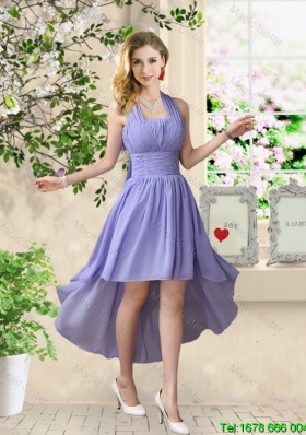 Beautiful Halter Top Ruched Bridesmaid Dresses with High Low