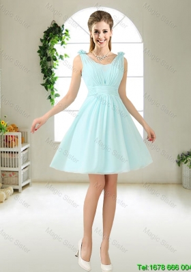 Comfortable Straps Light Blue Bridesmaid Dresses with Hand Made Flowers