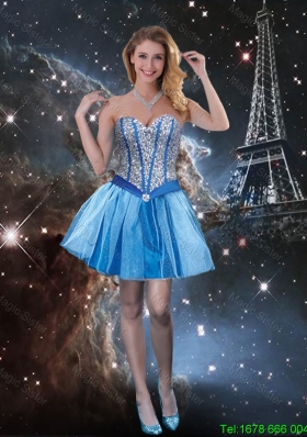 Exquisite Sweetheart Beaded Blue Dama Dresses with Mini Length