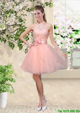 Artistic Halter Top Appliques and Laced Prom Dresses in Baby Pink
