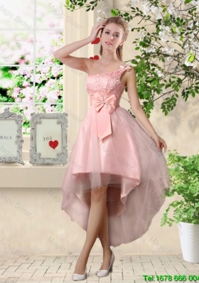 Romantic One Shoulder Laced and Bowknot Prom Dresses in Pink
