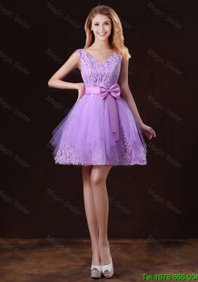Discount V Neck Tulle Prom Dresses with Bowknot