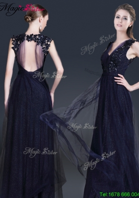 2016 Fashionable V Neck Paillette Prom Dresses in Navy Blue