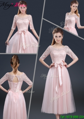 2016 Elegant Tea Length Prom Dresses with Lace and Bowknot