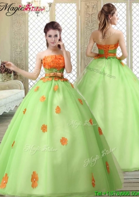 2016 Latest Strapless Quinceanera Gowns with  Appliques and Belt