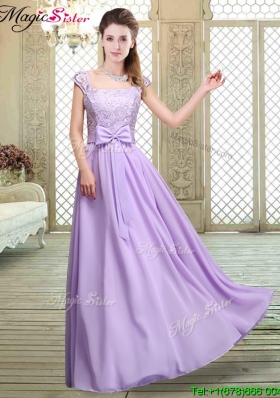 Fashionable Square Cap Sleeves Lavender Bridesmaid Dresses with Belt