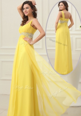 2016 Cheap Empire One Shoulder Beading Bridesmaid Dress in Yellow