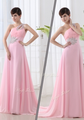 2016 Fashionable One Shoulder Brush Train Beading Baby Pink Bridesmaid Dress