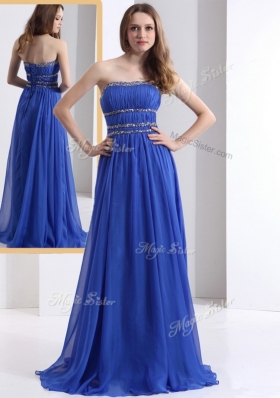 Simple Strapless Empire Blue Bridesmaid Dresses with Ruching and Beading