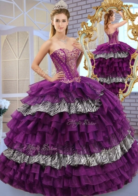 Pretty Sweetheart Ball Gown Sweet Fifteen Dresses with Ruffled Layers and Zebra