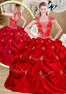 Unique 2016 Red Sweet 16 Gowns with Appliques and Pick Ups