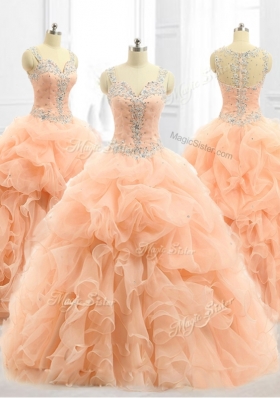 In Stock Straps Beading and Ruffles Quinceanera Dresses in Peach
