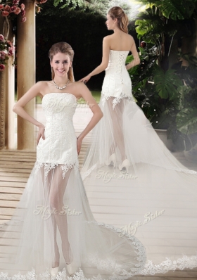 2016 Popular See Through Empire Strapless Appliques Wedding Dresses with Court Train
