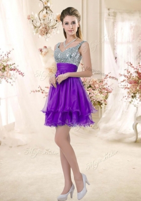 2016 Best Straps Short Purple Bridesmaid Dresses with Sequins