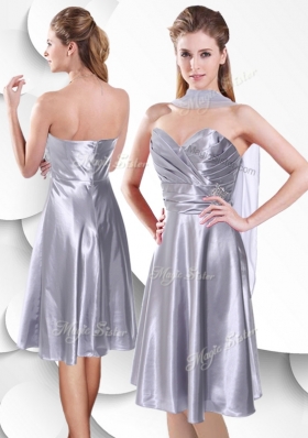 2016 Best Empire Elastic Woven Satin Silver Bridesmaid Dress with Beading and Ruching