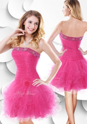 2016 Luxurious Strapless Hot Pink Dama Dress with Beading and Ruffles