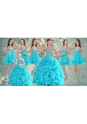 Visible Boning Aqua Blue Quinceanera Dress and Sequined Short  Dama Dresses Beaded and Ruffled Mini Quinceanera Dress