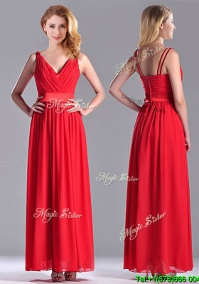 The Super Hot Empire V Neck Red Bridesmaid Dress in Ankle Length
